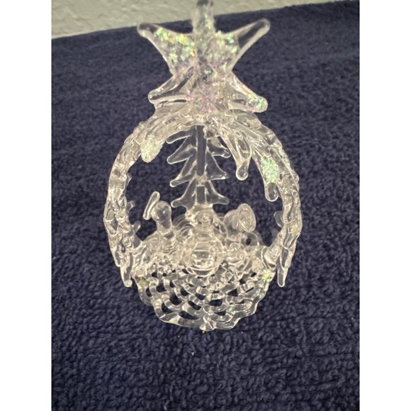 Clear Glass Nativity Scene Figurine With Star Topper & Christmas Tree Backdrop - Picture 2 of 5